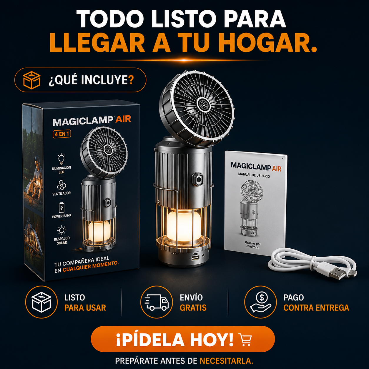 MagicLamp AIR™ 5 en 1 - Ilumina, refresca y mantente conectado donde más lo necesites.