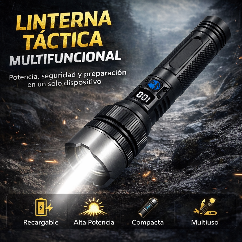 Linterna de Supervivencia Multifuncional – Potencia, Seguridad y Preparación en un Solo Dispositivo
