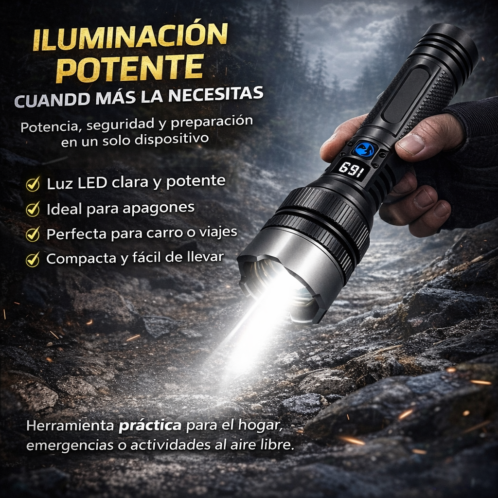 Linterna de Supervivencia Multifuncional – Potencia, Seguridad y Preparación en un Solo Dispositivo