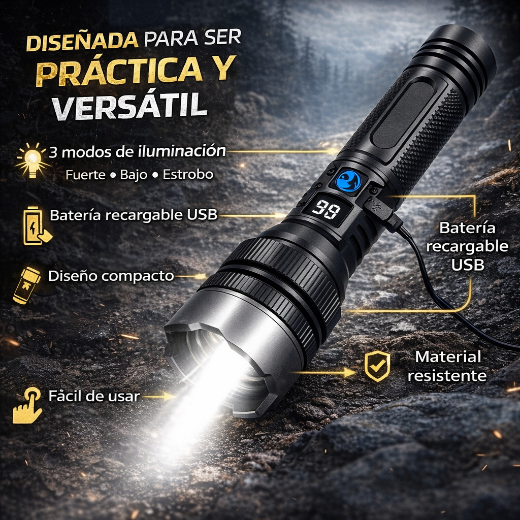 Linterna de Supervivencia Multifuncional – Potencia, Seguridad y Preparación en un Solo Dispositivo