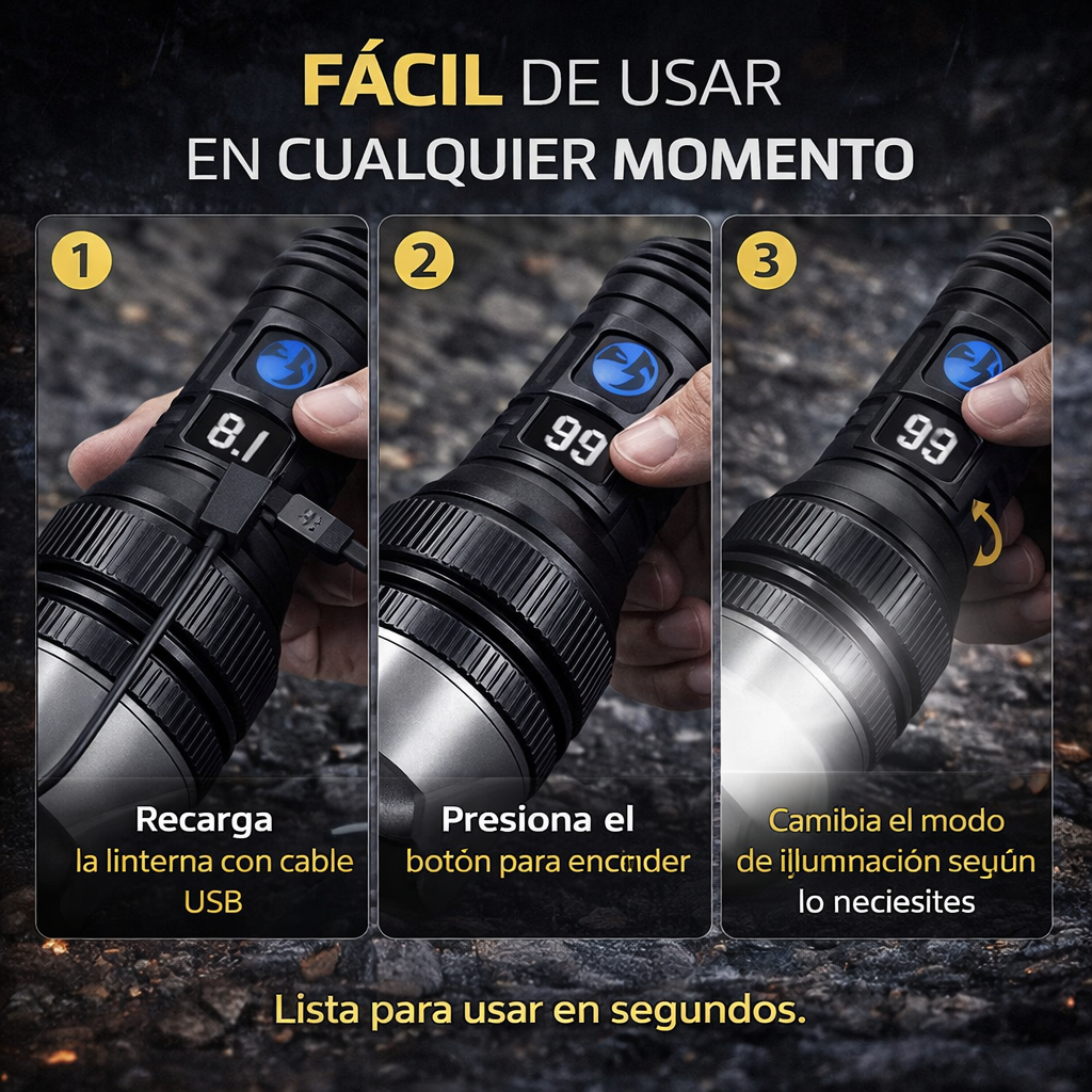 Linterna de Supervivencia Multifuncional – Potencia, Seguridad y Preparación en un Solo Dispositivo