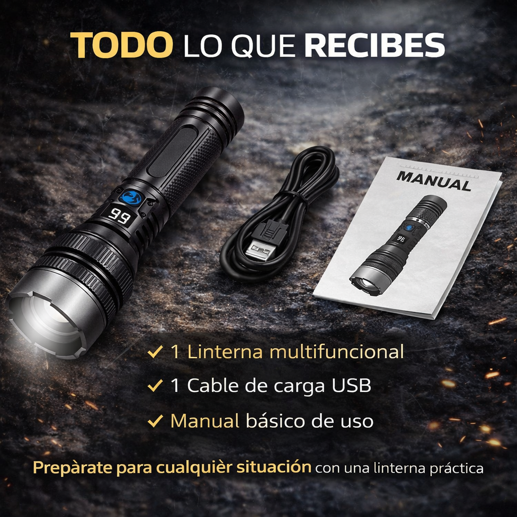 Linterna de Supervivencia Multifuncional – Potencia, Seguridad y Preparación en un Solo Dispositivo