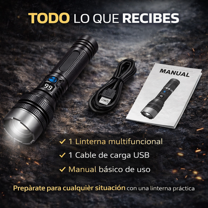 Linterna de Supervivencia Multifuncional – Potencia, Seguridad y Preparación en un Solo Dispositivo