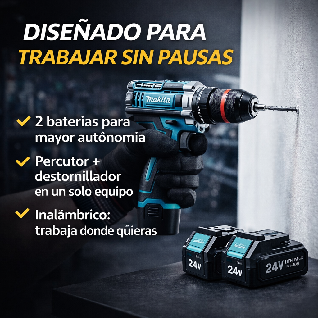 Taladro inalámbrico MAKITA + ACCESORIOS + 2 BATERIAS