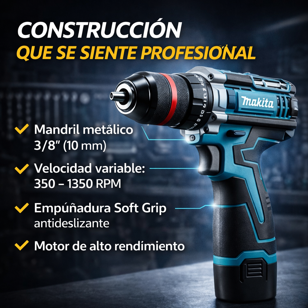 Taladro inalámbrico MAKITA + ACCESORIOS + 2 BATERIAS