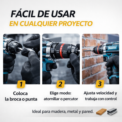 Taladro inalámbrico MAKITA + ACCESORIOS + 2 BATERIAS