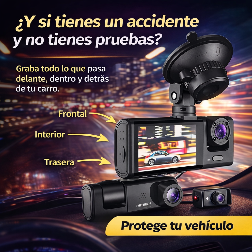 Cámara DVR Triple Lente Full HD 1080P – Seguridad Total Para Tu Carro 24/7