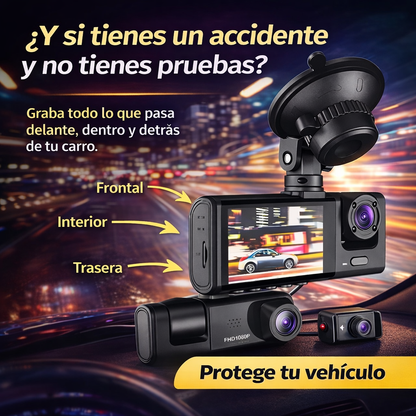 Cámara DVR Triple Lente Full HD 1080P – Seguridad Total Para Tu Carro 24/7