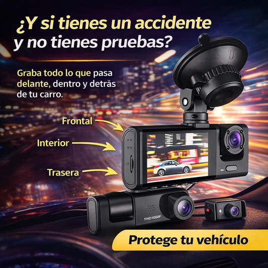 Cámara DVR Triple Lente Full HD 1080P – Seguridad Total Para Tu Carro 24/7