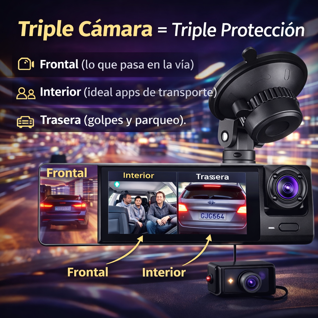 Cámara DVR Triple Lente Full HD 1080P – Seguridad Total Para Tu Carro 24/7
