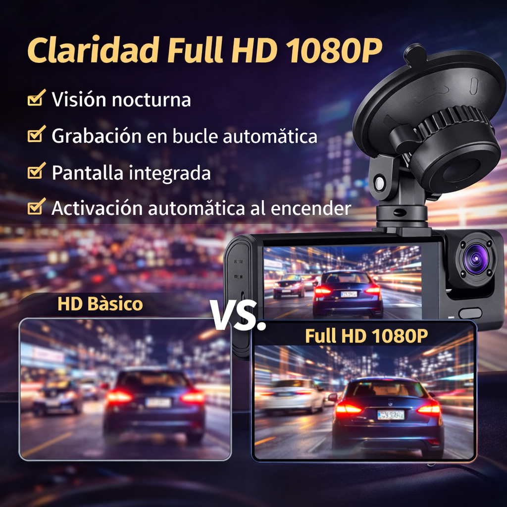 Cámara DVR Triple Lente Full HD 1080P – Seguridad Total Para Tu Carro 24/7