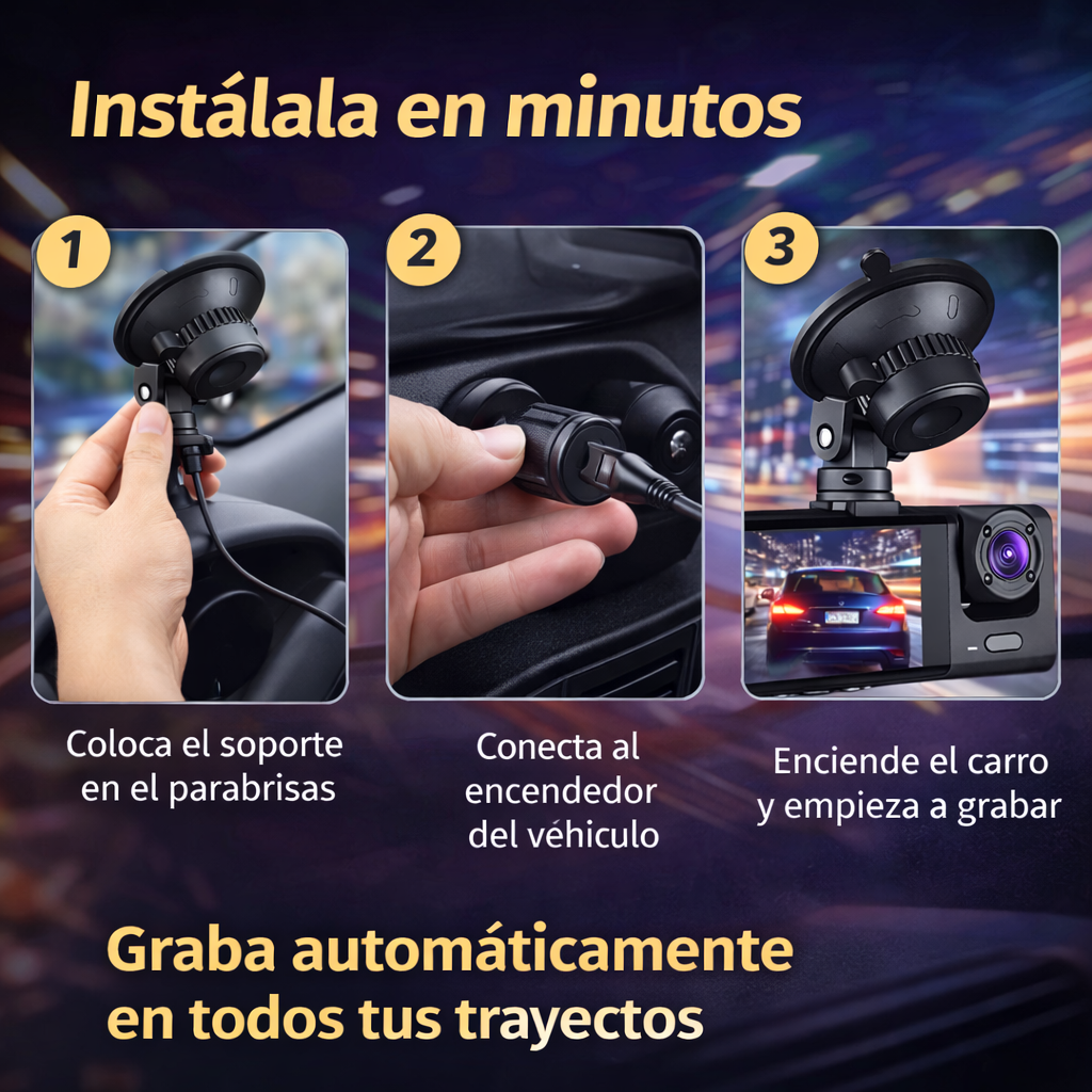 Cámara DVR Triple Lente Full HD 1080P – Seguridad Total Para Tu Carro 24/7