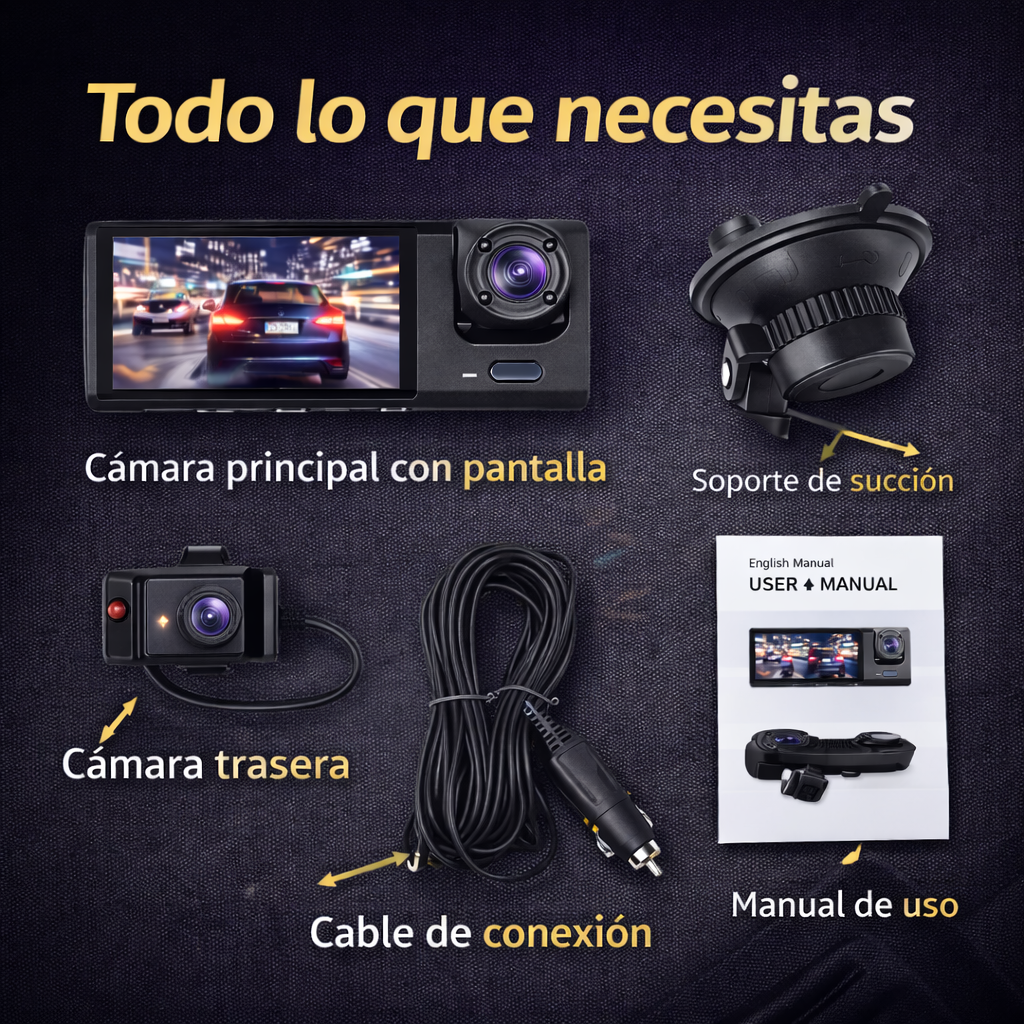Cámara DVR Triple Lente Full HD 1080P – Seguridad Total Para Tu Carro 24/7