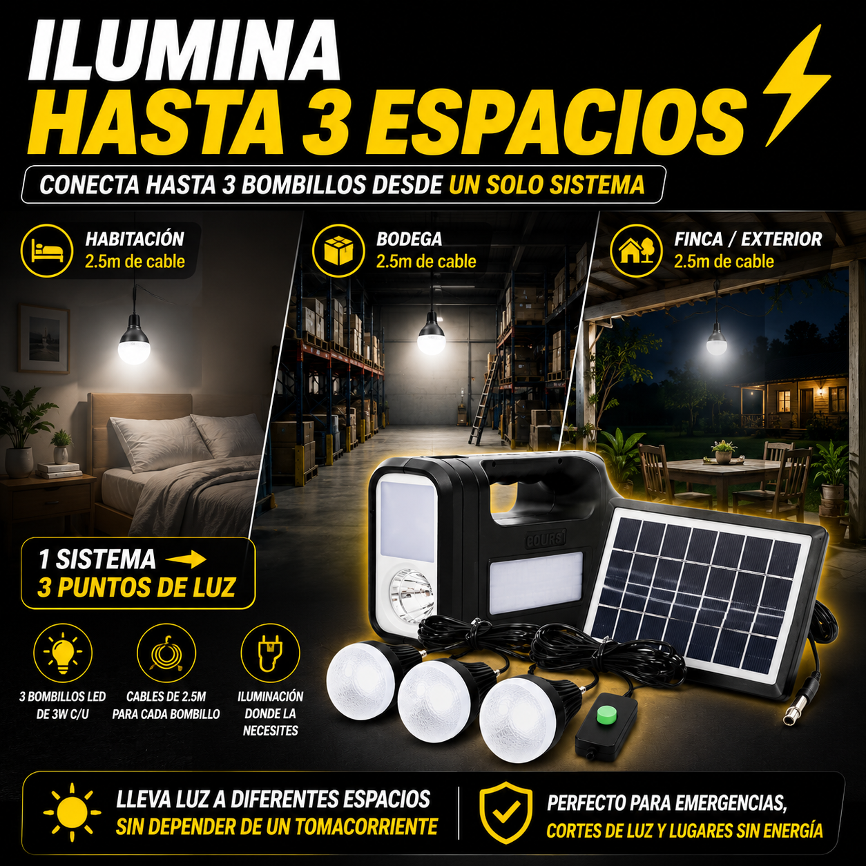 Kit de iluminación solar portátil - tu respaldo de iluminación, listo para cuando haga falta.