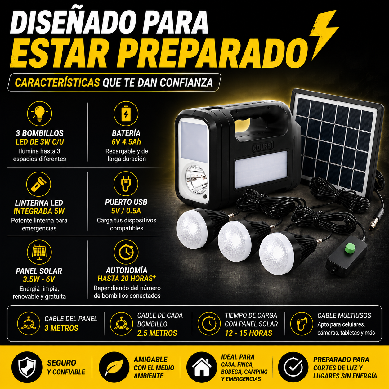 Kit de iluminación solar portátil - tu respaldo de iluminación, listo para cuando haga falta.