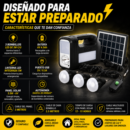 Kit de iluminación solar portátil - tu respaldo de iluminación, listo para cuando haga falta.