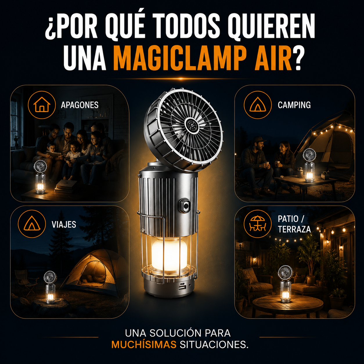 MagicLamp AIR™ 5 en 1 - Ilumina, refresca y mantente conectado donde más lo necesites.