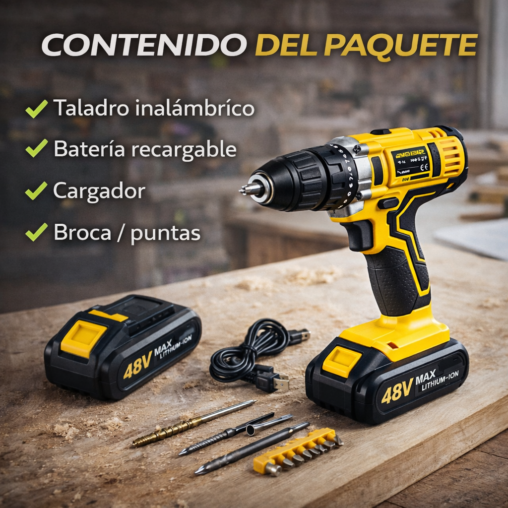 Taladro Inalámbrico 48V - Incluye 2 Baterías + 24 Accesorios ¡OFERTA EXCLUSIVA! 🧰